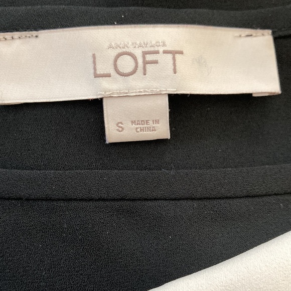 LOFT Long Sleeve Black Top, Sleeves have striped with white and dark tan dots - Picture 5 of 7